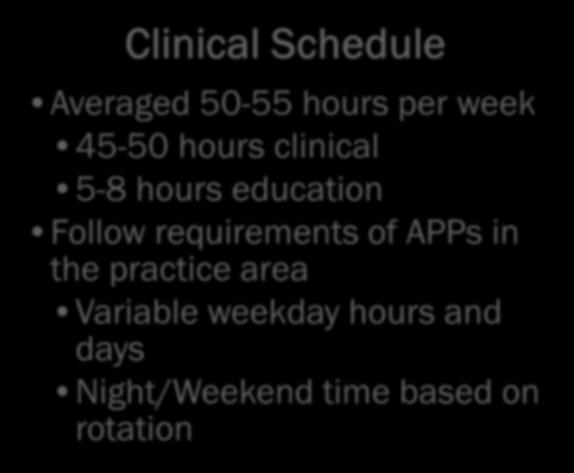 Clinical Courses Clinical Schedule Averaged 50-55 hours per week 45-50 hours clinical
