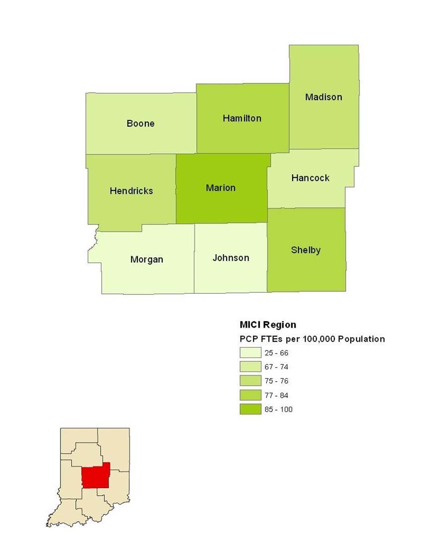 Maps of Primary Care Workforce in MICI Region Map 4.2 displays combined FTEs for primary care physician, physician assistant and nurse practitioners in the MICI region.