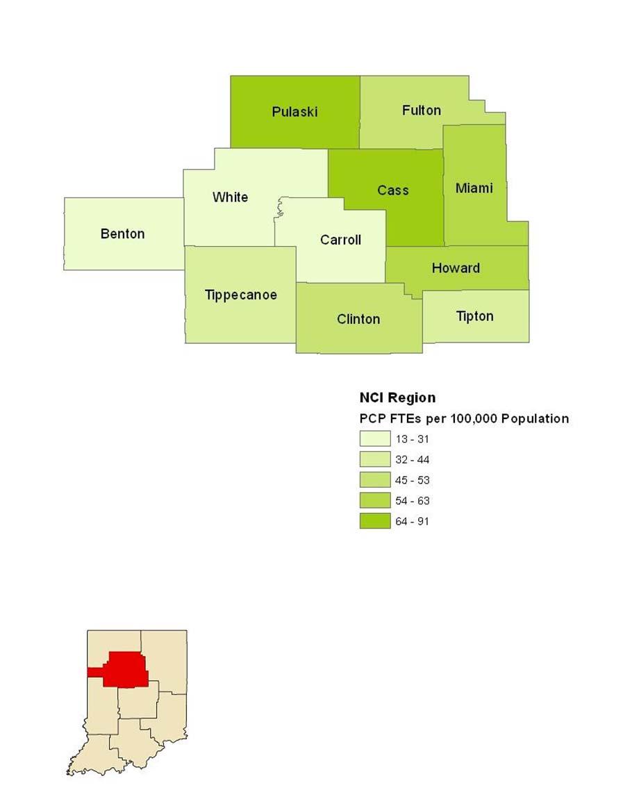 Maps of Primary Care Workforce in NCI Region Map 4.3 displays combined FTEs for primary care physician, physician assistant and nurse practitioners in the NCI region.