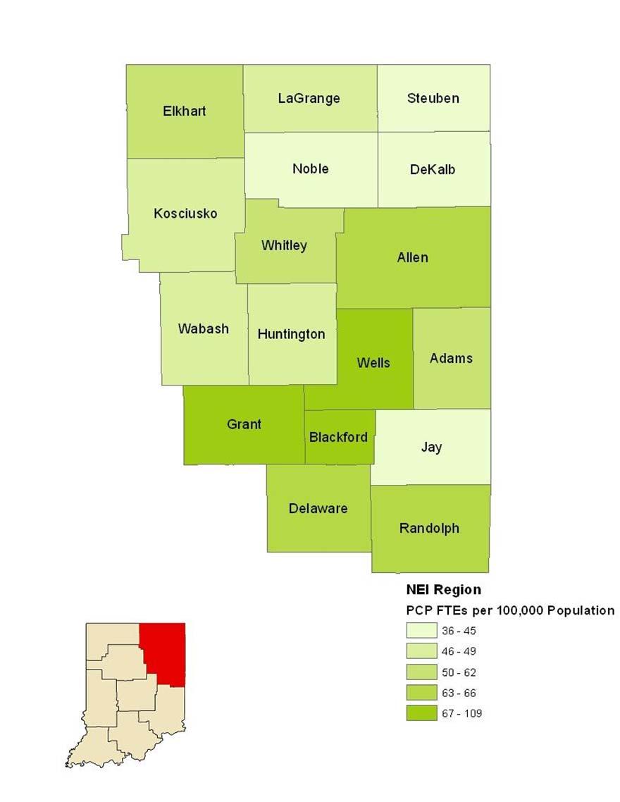 Maps of Primary Care Workforce in NEI Region Map 4.4 displays the combined FTEs for primary care physicians, physician assistants, and nurse practitioners in the NEI region.
