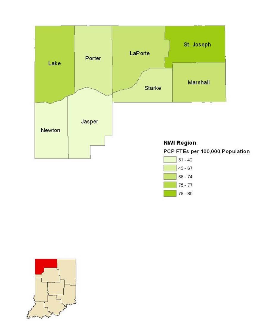 Maps of Primary Care Workforce in NWI Region Map 4.5 shows the combined FTEs of primary care physicians, physician assistants, and nurse practitioners in the NWI region.
