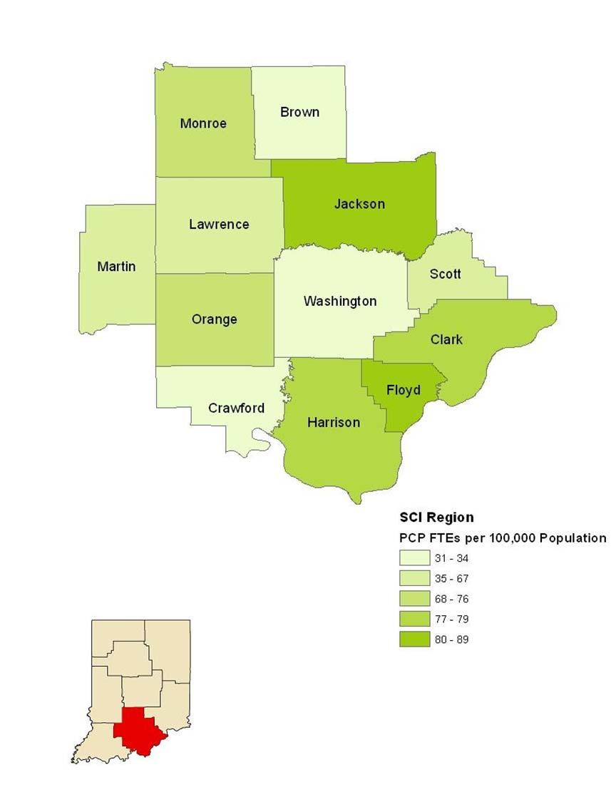 Maps of Primary Care Workforce in SCI Region Map 4.6 displays the combined FTE data of primary care physicians, physician assistants, and nurse practitioners in the SCI region.