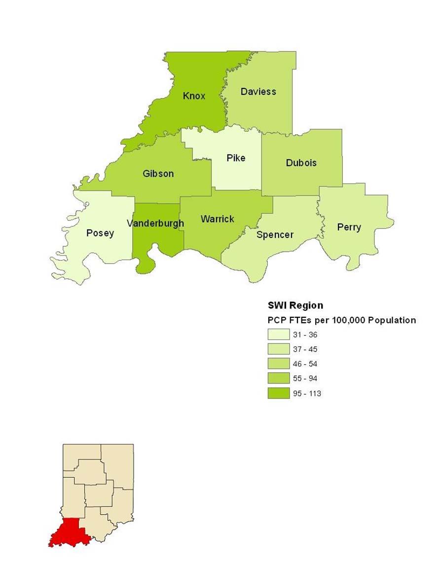 Maps of Primary Care Workforce in SWI Region Map 4.7 shows the combined FTE data of primary care physicians, physician assistants, and nurse practitioners in the SWI region.