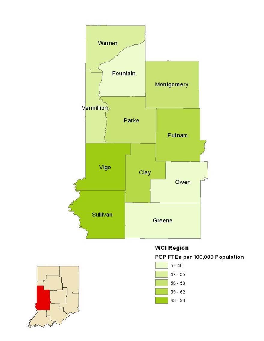 Maps of Primary Care Workforce in WCI Region Map 4.8 displays the combined FTE data of primary care physicians, physician assistants, and nurse practitioners in the WCI region.