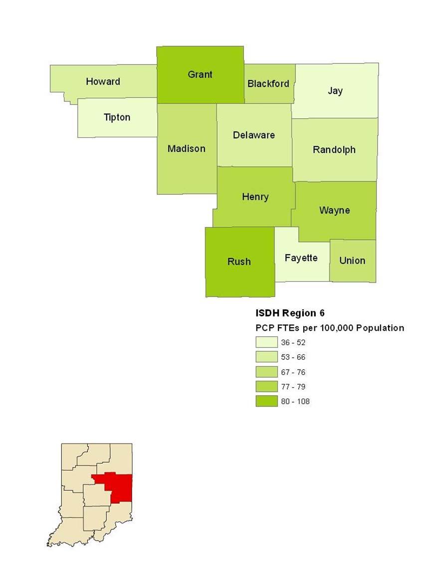 Maps of Primary Care Workforce in Public Health Region 6 Map 5.6 shows the combined FTE data of primary care physicians, physician assistants, and nurse practitioners in ISDH public health region 6.