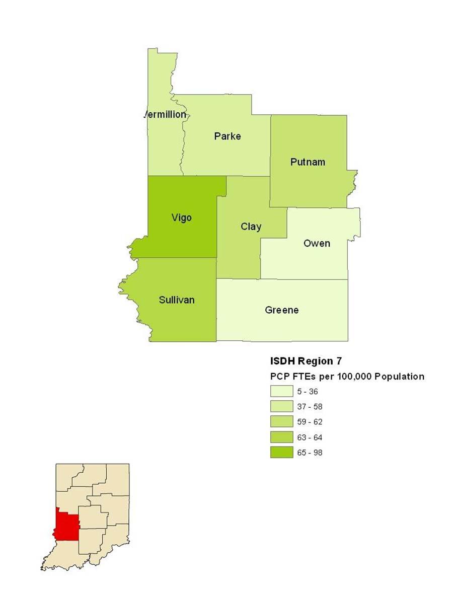 Maps of Primary Care Workforce in Public Health Region 7 Map 5.7 shows the combined FTE data of primary care physicians, physician assistants, and nurse practitioners in ISDH public health region 7.