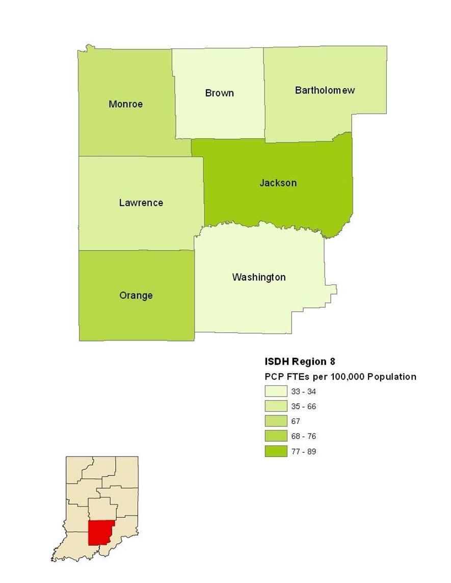 Maps of Primary Care Workforce in Public Health Region 8 Map 5.8 displays combined FTE data of primary care physicians, physician assistants, and nurse practitioners in ISDH public health region 8.