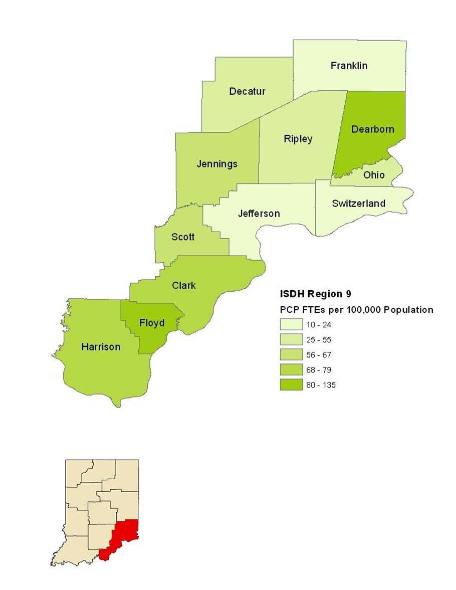 Maps of Primary Care Workforce in Public Health Region 9 Map 5.9 shows the combined FTE data of primary care physicians, physician assistants, and nurse practitioners in ISDH public health region 9.
