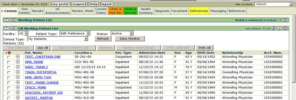 Physician Census List After logging into portal select the census tab to view your