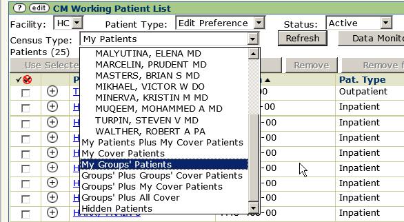 To view the group s patients, select the down arrow in the census type field.