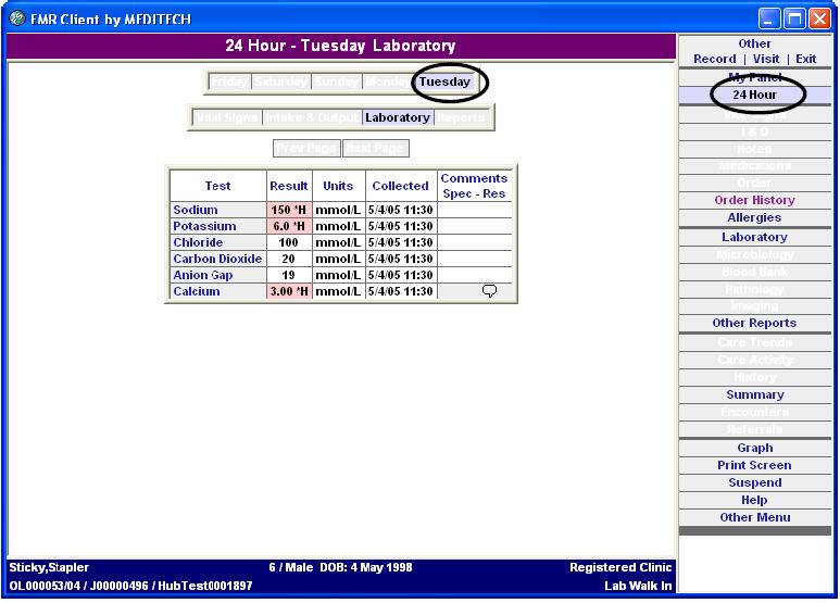 Viewing Information in the EMR Default EMR Panel Each patient s EMR will open to the 24 Hour panel as shown below, as long as clinical