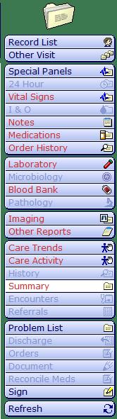 Menu Frame: Clinical Results & Information Panels Menu Frame: Located on right side of EMR screen. Lists different categories or departments that have information available for the selected patient.