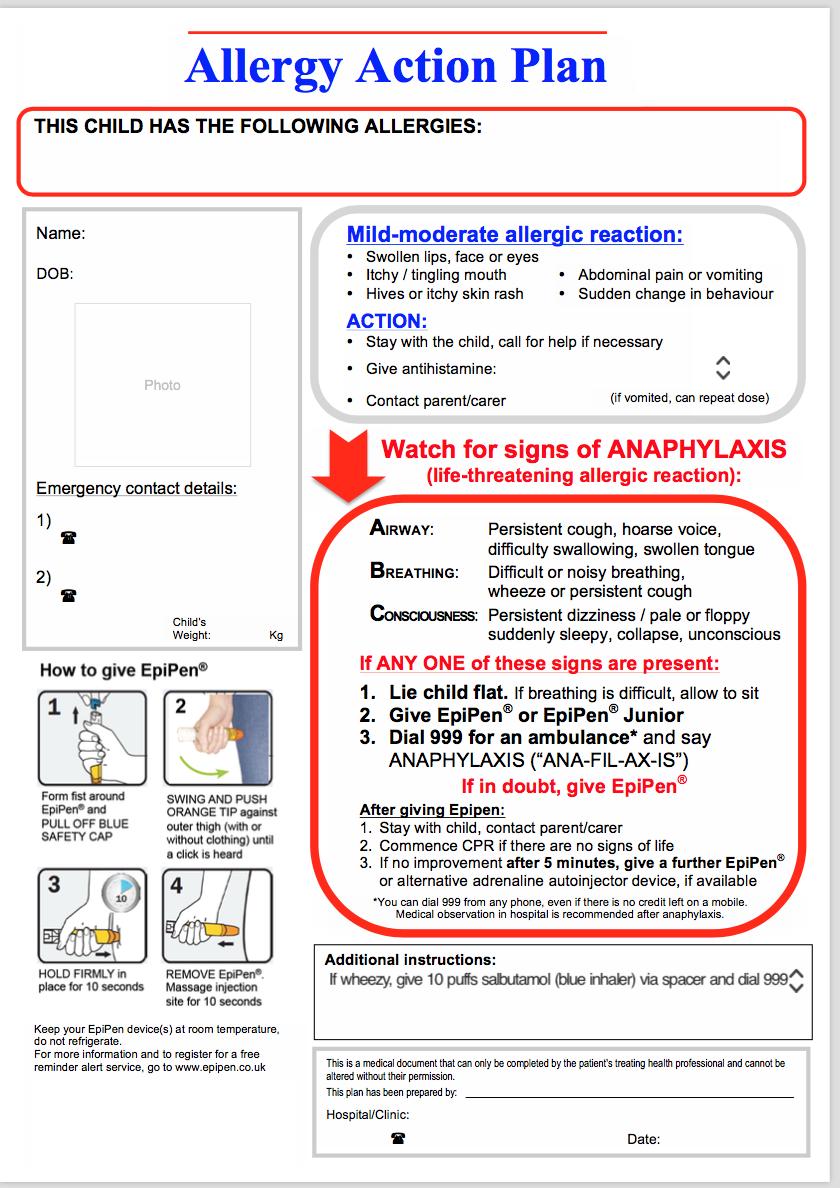 Appendix II Allergy Action Plan for Anaphylaxsis and Epi Pen use (Supplied