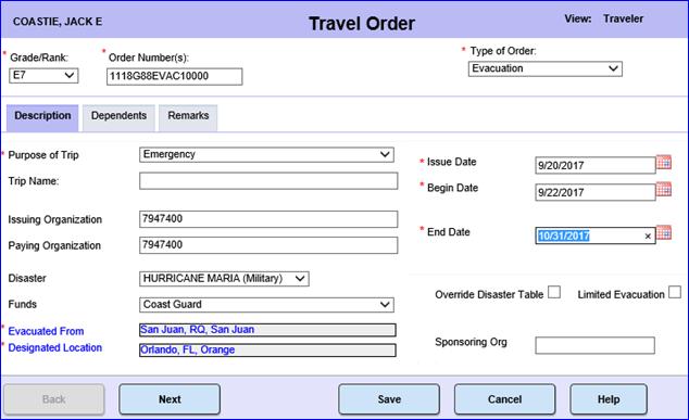 2 Input order information. Note that the Type of Order is evacuation and the Purpose of Trip is emergency.