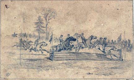 The Irish celebrated St. Patrick s Day. The drawing by Edwin Forbes shows the Irish Brigade participating in a hurdle race on 17 March 1863.