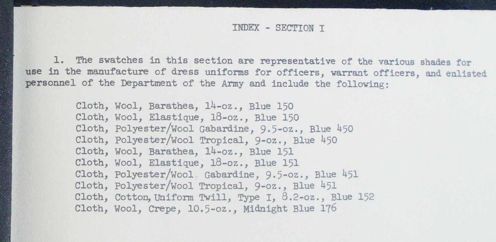 Above is the index page for Section I that lists the swatches for dress uniforms.