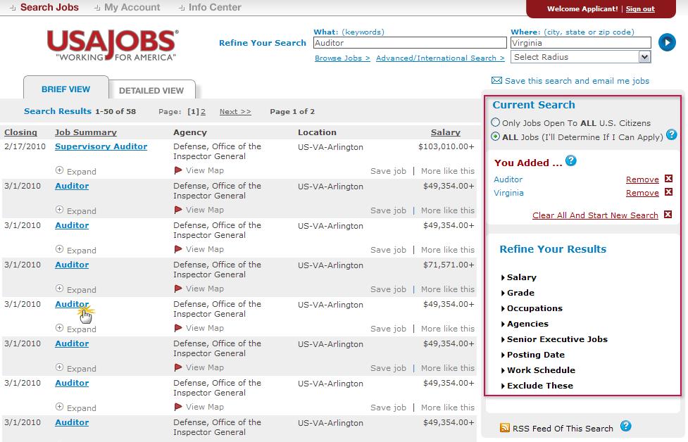 Job Search Results The Current Search menu located on the right side of the screen tracks your current search and provides filters that allow you to