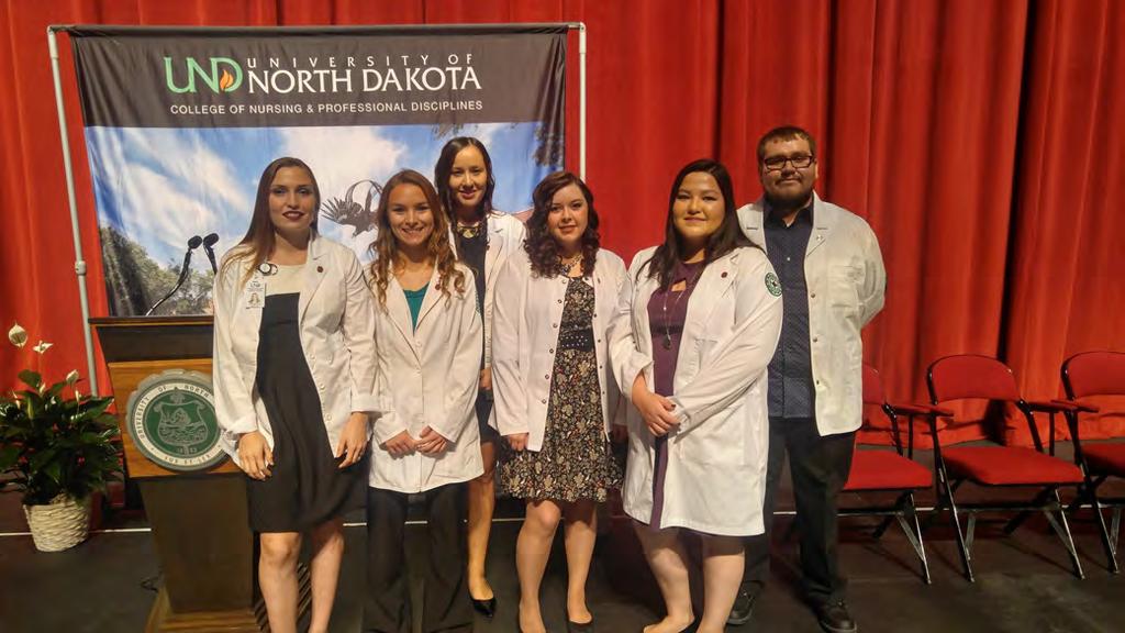 Spring/Fall 2016 White Coat Ceremony (l-r): Cheyenne Defender, Claire Brien, Marisol Doporto, Aleesha Azure, Mary Hosie Jeanotte, Domeequo Beston The white coat in the medical profession signifies