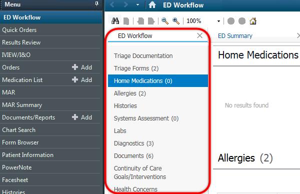 The ED Workflow mpage will contain the following sections: Triage Documentation, Triage Forms, Home Medications,