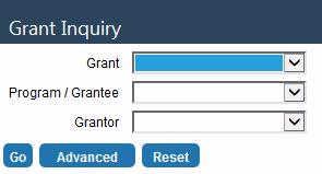 Inquiries Inquiries The Grant Inquiry page can be accessed from the menu by navigating to Financial Management > Inquiries > Grants.