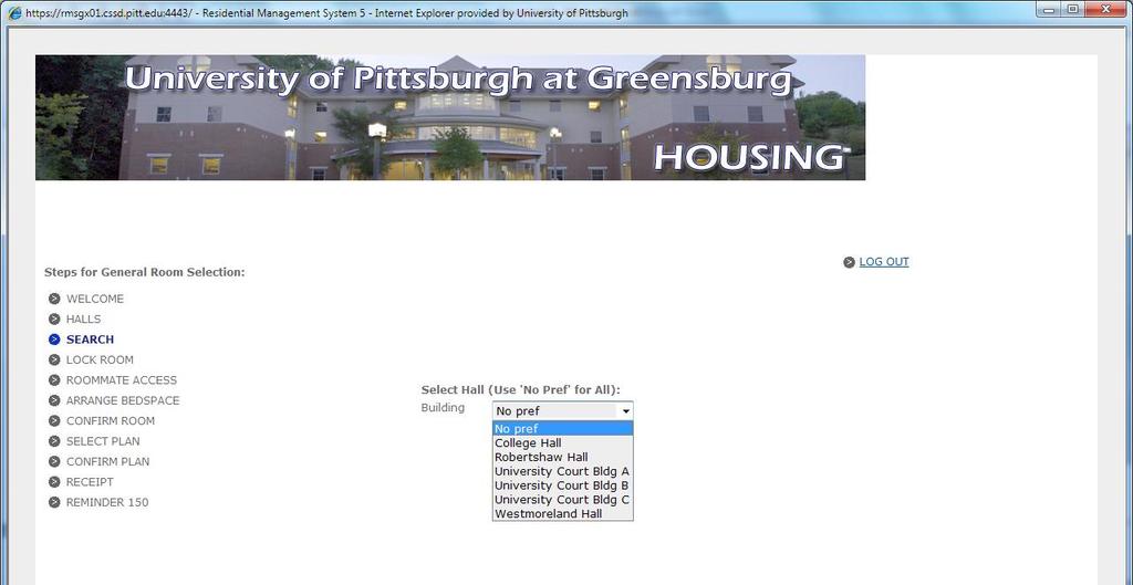Step 7. Select the building in which you would like to view rooms. Select No Pref to view all. Step 8.