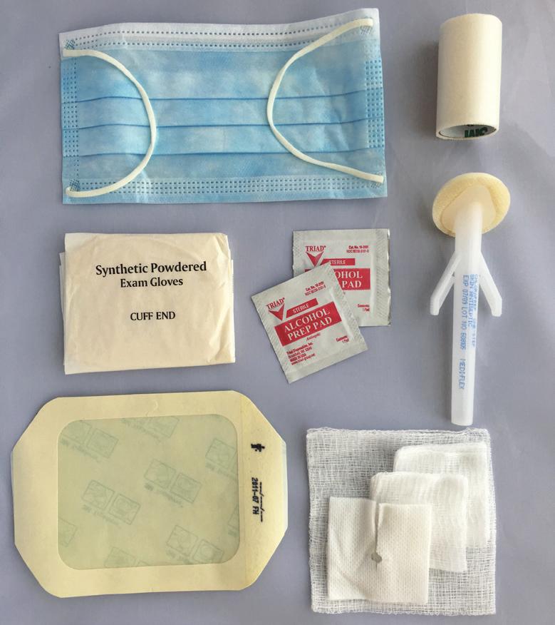 The kit routinely contains a mask, gloves, alcohol wipes, sterile barrier, gauze, and a transparent dressing.