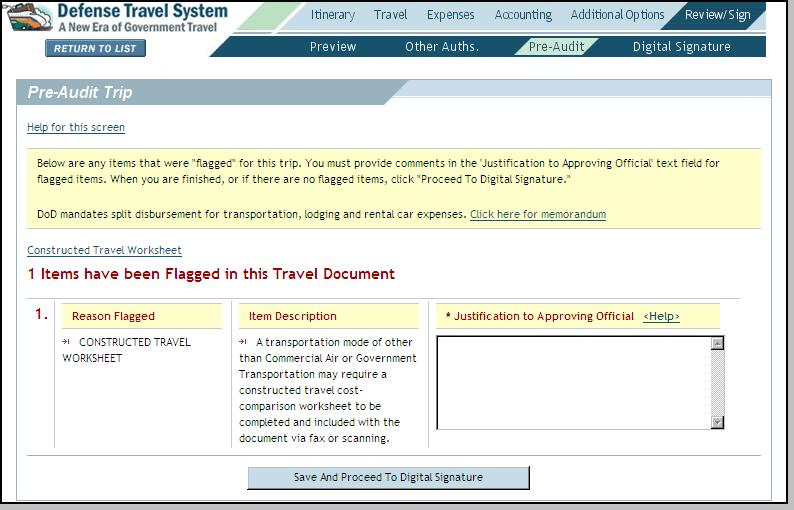 9.2.8 Pre-Audit Flags for Constructed Travel Pre-audit flags may be triggered, depending on the mode of en route travel selected (Figure 9-10).These flags are described in Table 9-1.