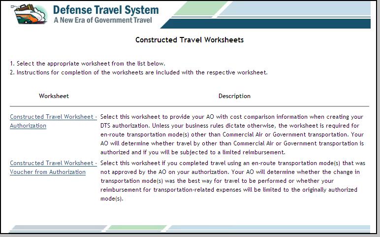9.2.9 Constructed Travel Worksheet When the traveler selects an en route mode of transportation other than commercial air or Government transportation, DTS triggers a flag on the Pre-Audit Trip