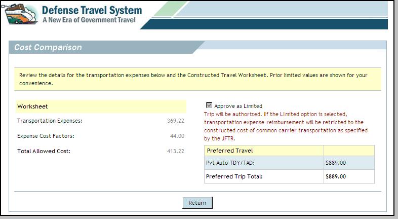 Figure 9-22: Traveler View-Only Cost Comparison Screen 5. Select Return. 9.4.