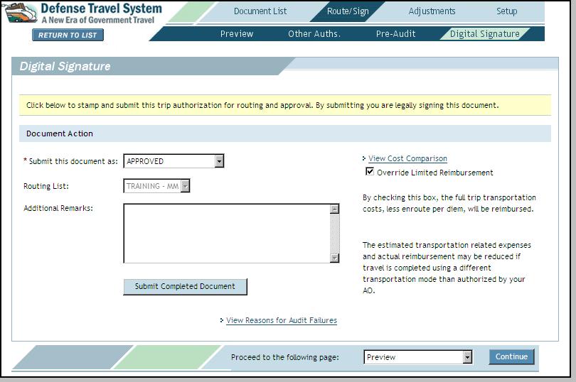 3. Select Digital Signature from the subnavigation bar. The Digital Signature screen opens (Figure 9-23). Figure 9-23: Digital Signature Screen - Override Limited Reimbursement 4.