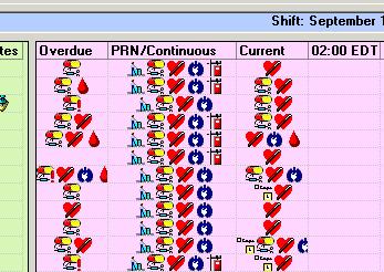 Icons in the Task Section Icons Red Hearts all nursing care tasks not covered by another icon Yellow Clock forms which are pending validation (require co-signature**) Capsule and syringe medication