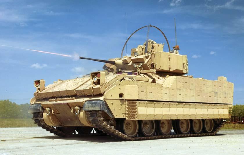 Bradley Fighting Vehicle BRADLEY SPECIFICATIONS Weight: 36-40 tons Main Armament: M242 25mm Bushmaster Chain Gun Top Speed: 36 mph Crew: Infantry (M2): 10 crew; Cavalry (M3): 5 crew OVERVIEW The