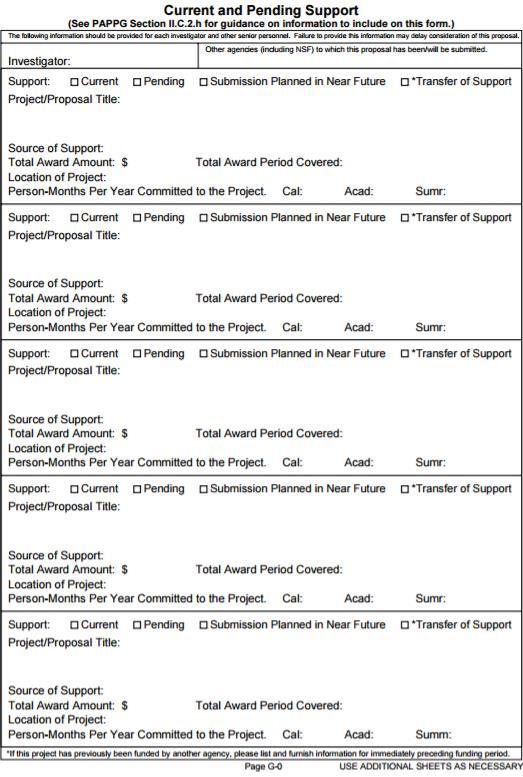 SECTIONS OF AN NSF PROPOSAL Current and Pending Support (Required) This section of the proposal calls for
