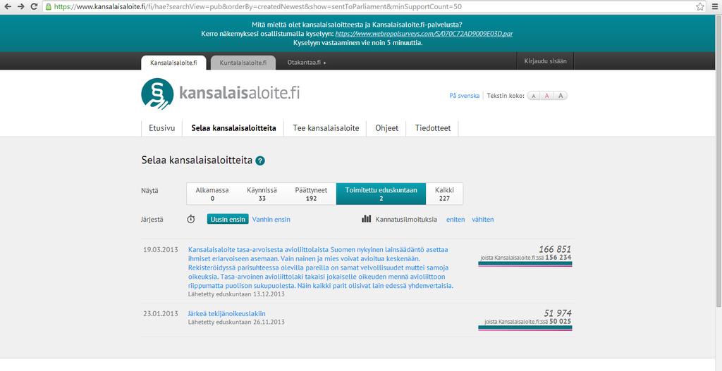 Figure 19 View of the kansalaisaloite.fi website Those websites have been recently better linked to each other via a common landing page, demokratia.fi. Figure 20 Homepage of demokratia.