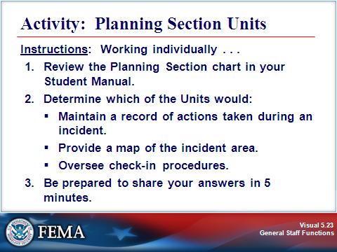 PLANNING SECTION Visual 5.23 Activity Purpose: To reinforce your understanding of the Planning Section Units. Instructions: Working individually: 1. Review the Planning Section chart. 2.