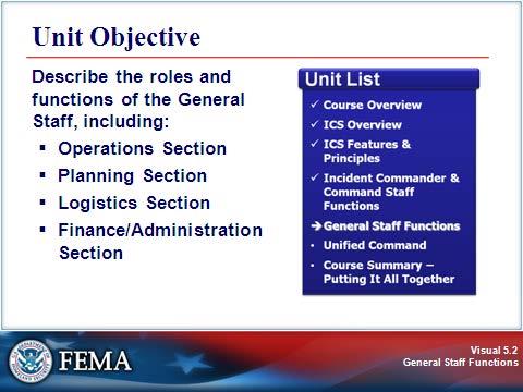 UNIT INTRODUCTION Visual 5.2 By the end of this unit, you should be able to describe the roles and functions of the General Staff, including the: Operations Section. Planning Section.