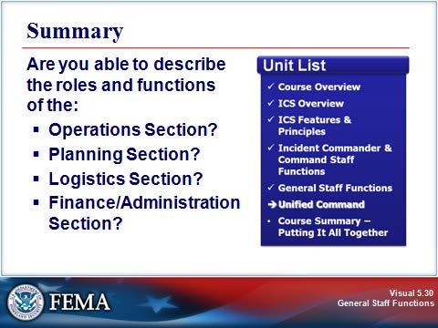 UNIT SUMMARY Visual 5.30 Are you able to describe the roles and functions of the: Operations Section? Planning Section? Logistics Section?