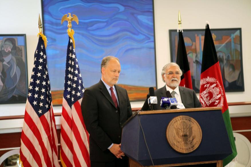 U.S. Ambassador to Afghanistan, James B. Cunningham, left, alongside Governor of Herat province, Sayed Fazlullah Waheedi, release statements regarding the attacks at the U.S. Consulate Herat during press conference with the Afghan media held at the U.