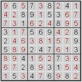 Every 3 by 3 subsection of the 9 by 9 square must include all digits 1 through 9.