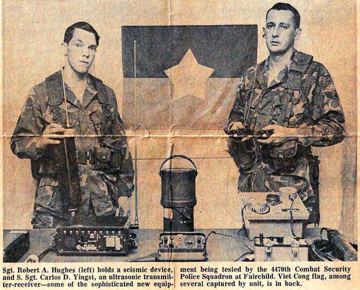 5.2_6: Fairchild AFB, Washington (News Article, below) Sgt. Robert A. Hughes (left) holds a seismic device, and SSgt. Carlos D.