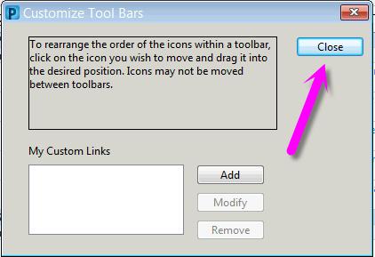on the toolbar, when Customize appears, select it: Drag and drop the Patient Pharmacy button to the desired position on the toolbar Then choose close to exit: Select Pt Pharmacy on the tool bar: Have