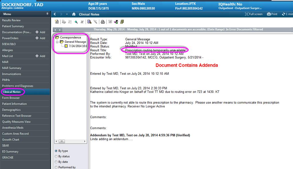 Screenshot of Clinical notes Correspondence-General Message- Prescription routing error: