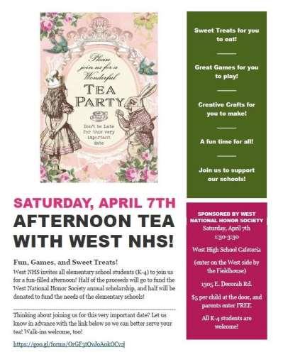 Alice in Wonderland Tea Party - WBHS National Honor Society is inviting students in Kindergarten thru 4th grade to an Alice in Wonderland Tea Party to be hosted at the high school on April 7th.