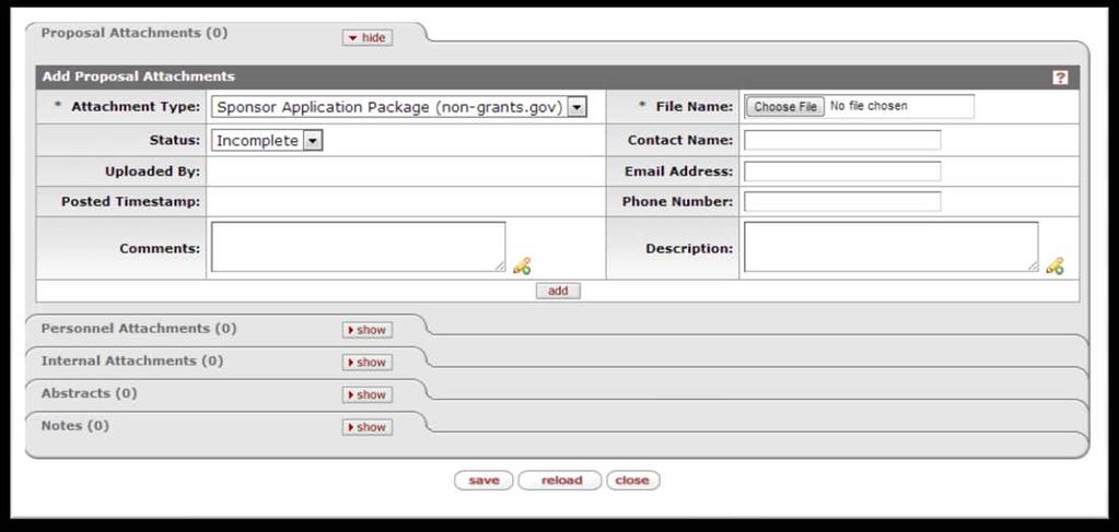 Abstracts and Attachments Tab The Abstracts and Attachments tab contains two required areas.