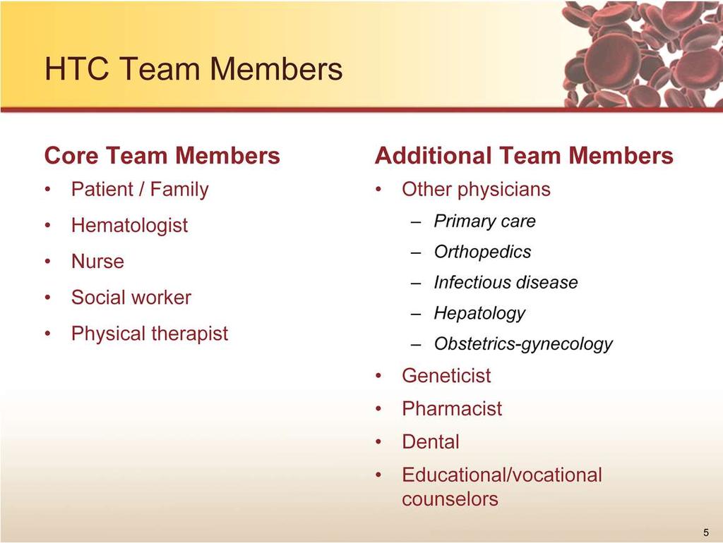 The HTC team is comprised of a number of members. The patient and their family are at the center of the HTC core team.