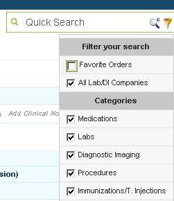 From the Quick Order search field, Rx, Lab, DI, Procedure, Immunization or Injection orders may be selected for the patient. i.