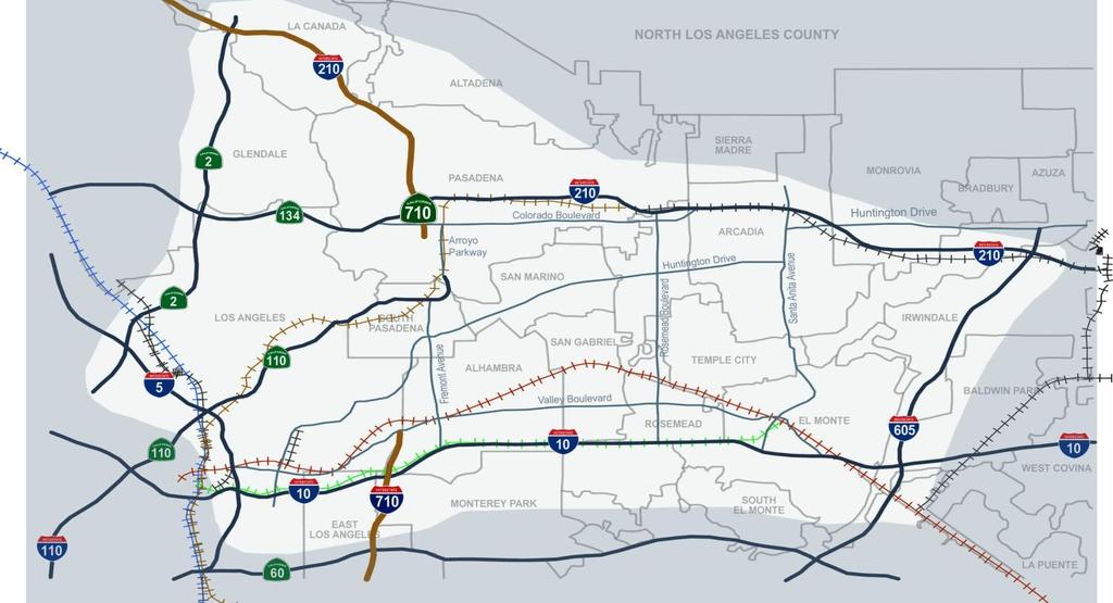 The Initial Study Area is generally bounded by State Route 2, Interstate 10, Interstate 210, and Interstate 605 and is depicted below.