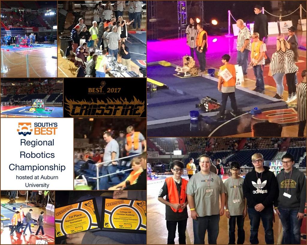 The Cottage Hill Christian Academy RoboWarriors placed first in the SouthBEST Robotics Inaugural Regional Invitational Tournament (RIT) at Auburn University