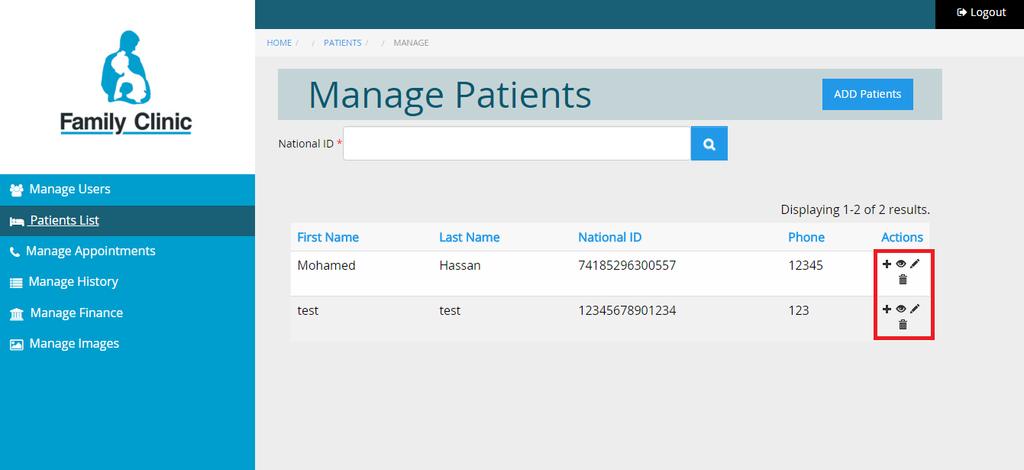 3) Patient List Nurse can view all patients' that have been added to the system and there data.