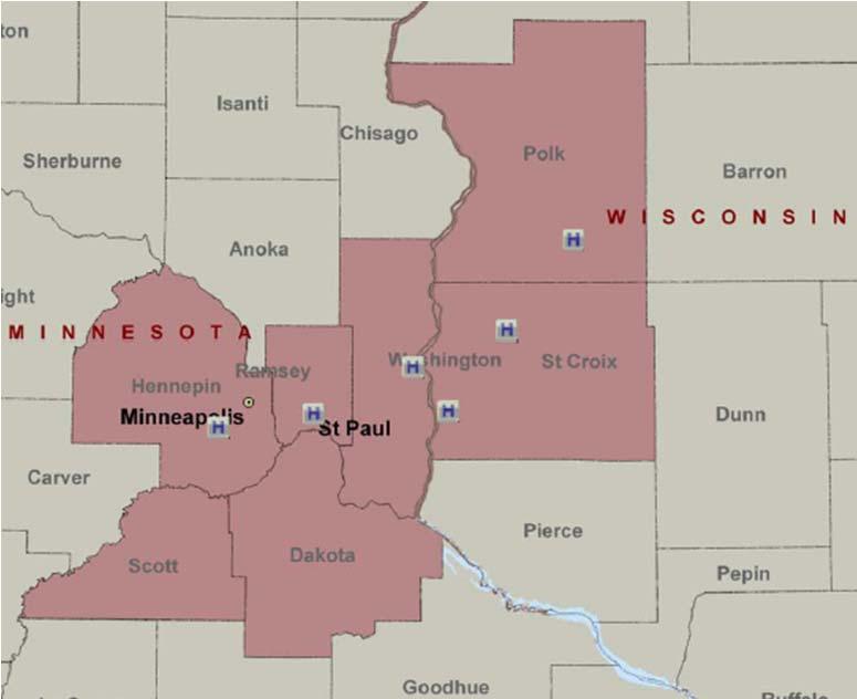 HealthPartners Study Area Dakota, Hennepin, Ramsey, Scott, Washington (MN), Polk and St. Croix Counties (WI) *The H indicates hospital locations State Dakota Henn.
